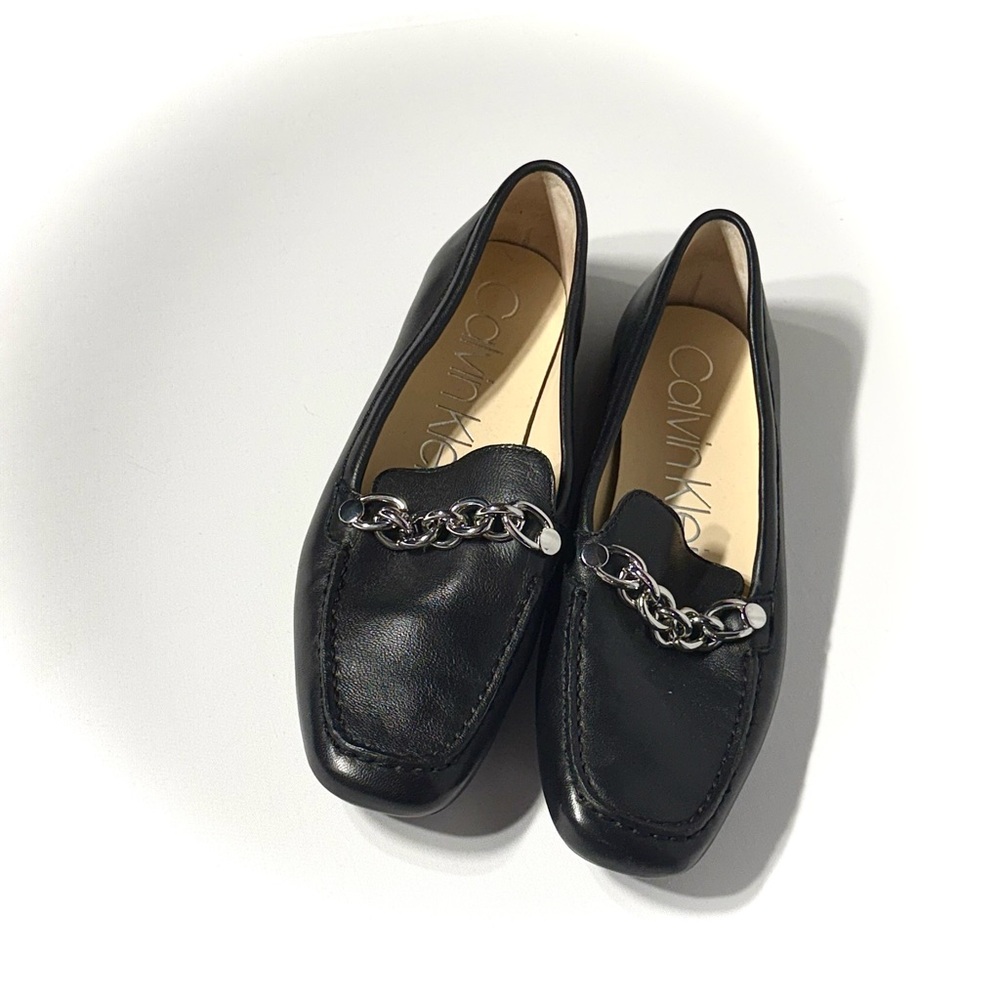 Black Leather Chain Loafers Calvin Klein Koelanna Moc Toe Flat Size 9.5